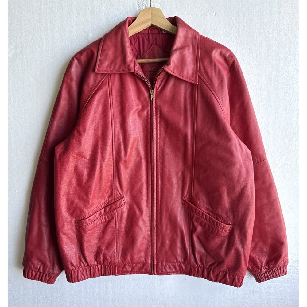 Preston & York Women’s Bomber Full Zip Jacket Genuine Leather Red Medium Y2K